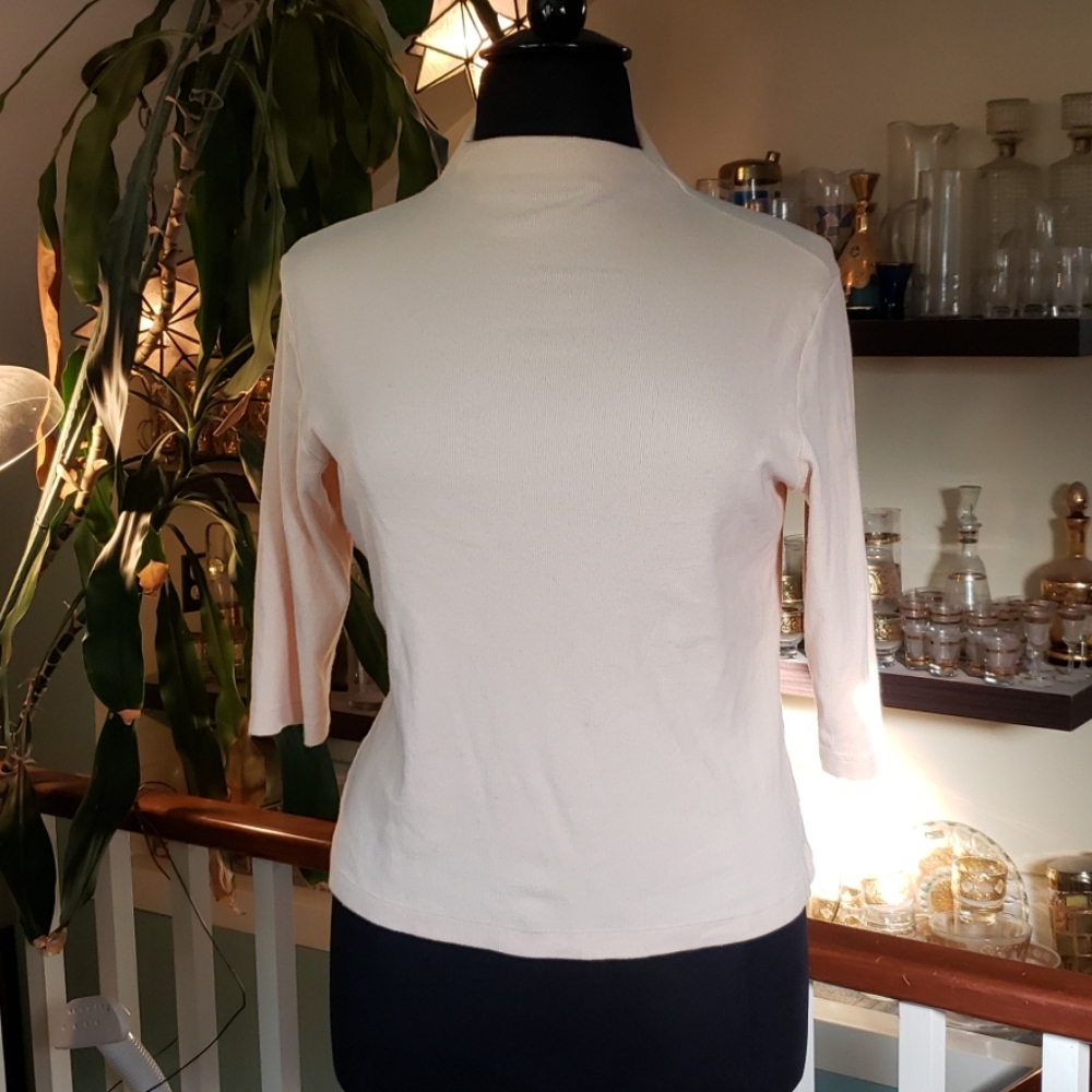 Womens Peach Colored Funnel Neck Elbow Length Sleeves Sweater